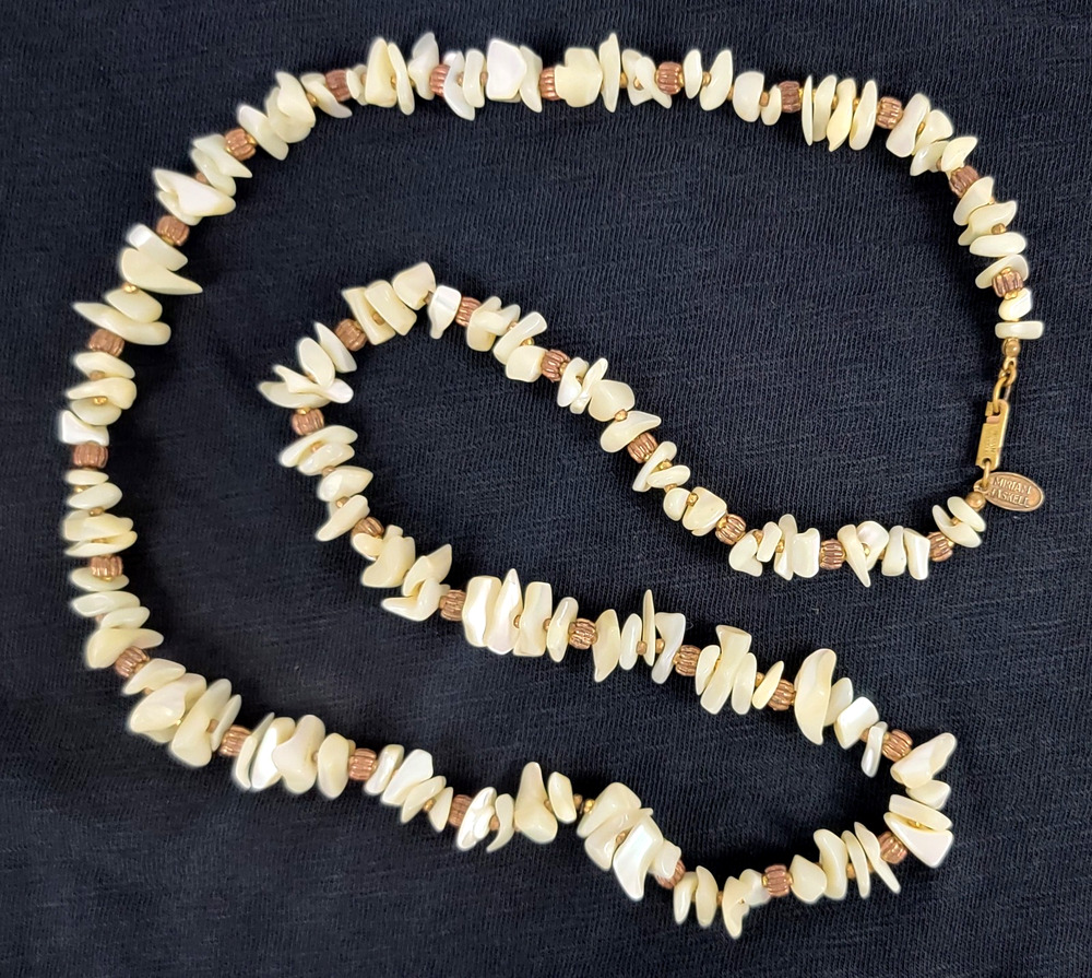 Miriam Haskell Signed Mother of Pearl Chip Necklace 29” Vintage